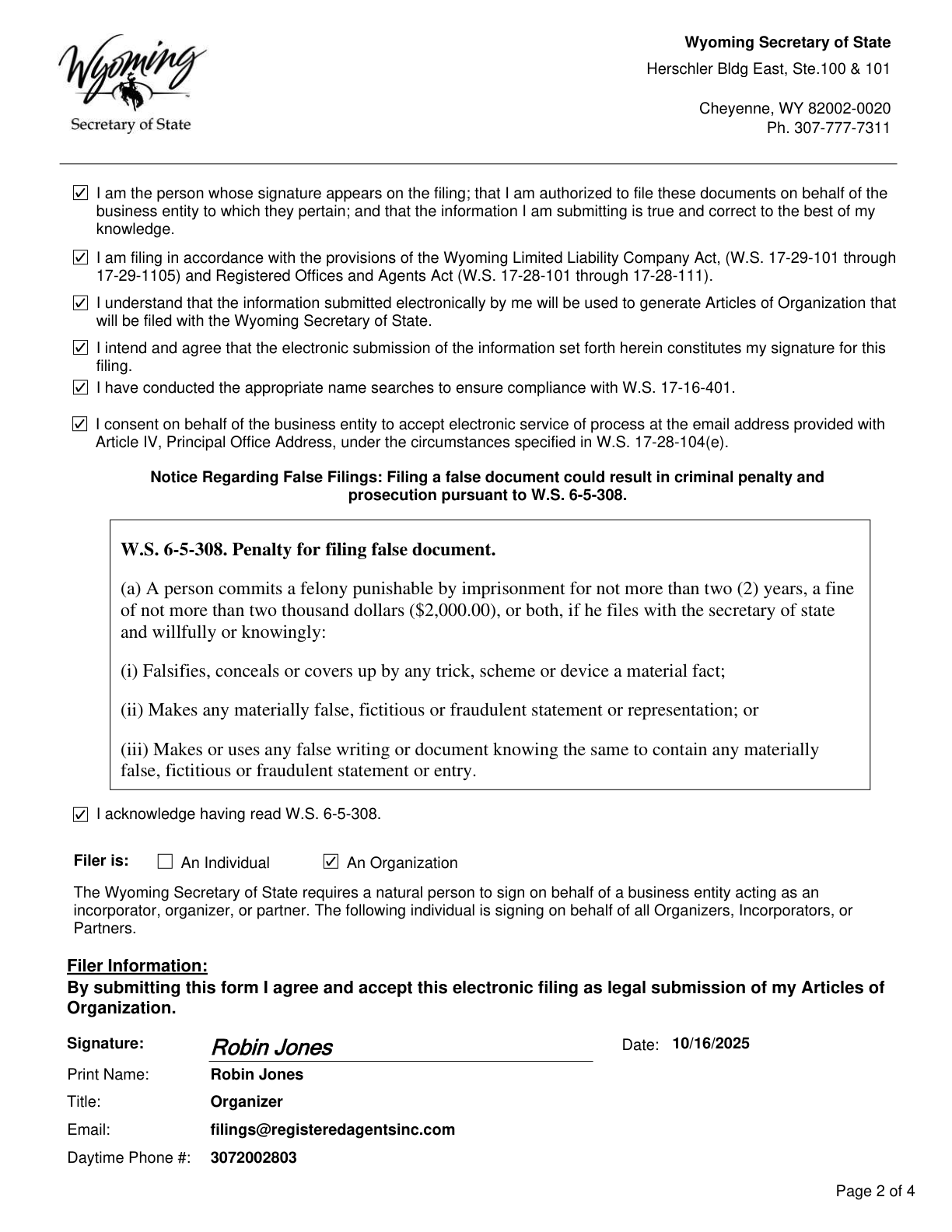 RayMedica LLC Articles of Organization page 2 of 4