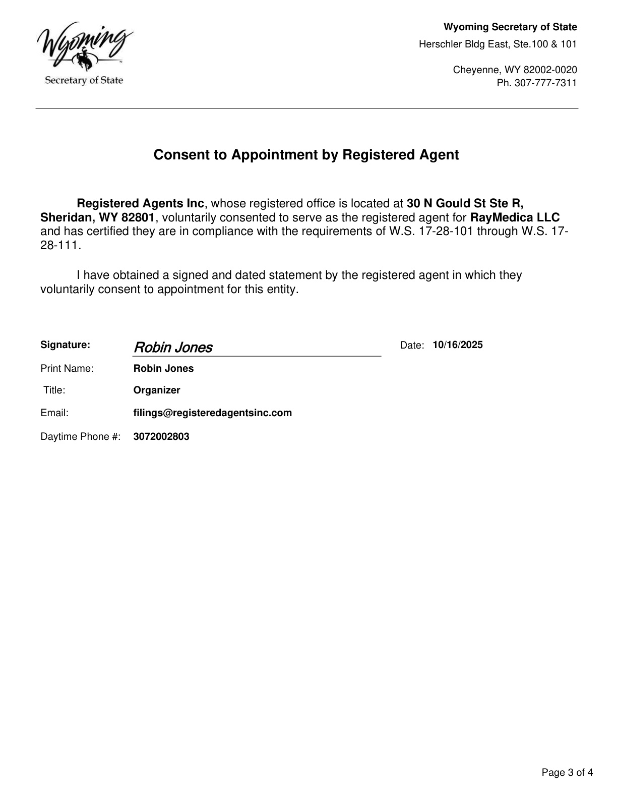 RayMedica LLC Articles of Organization page 3 of 4