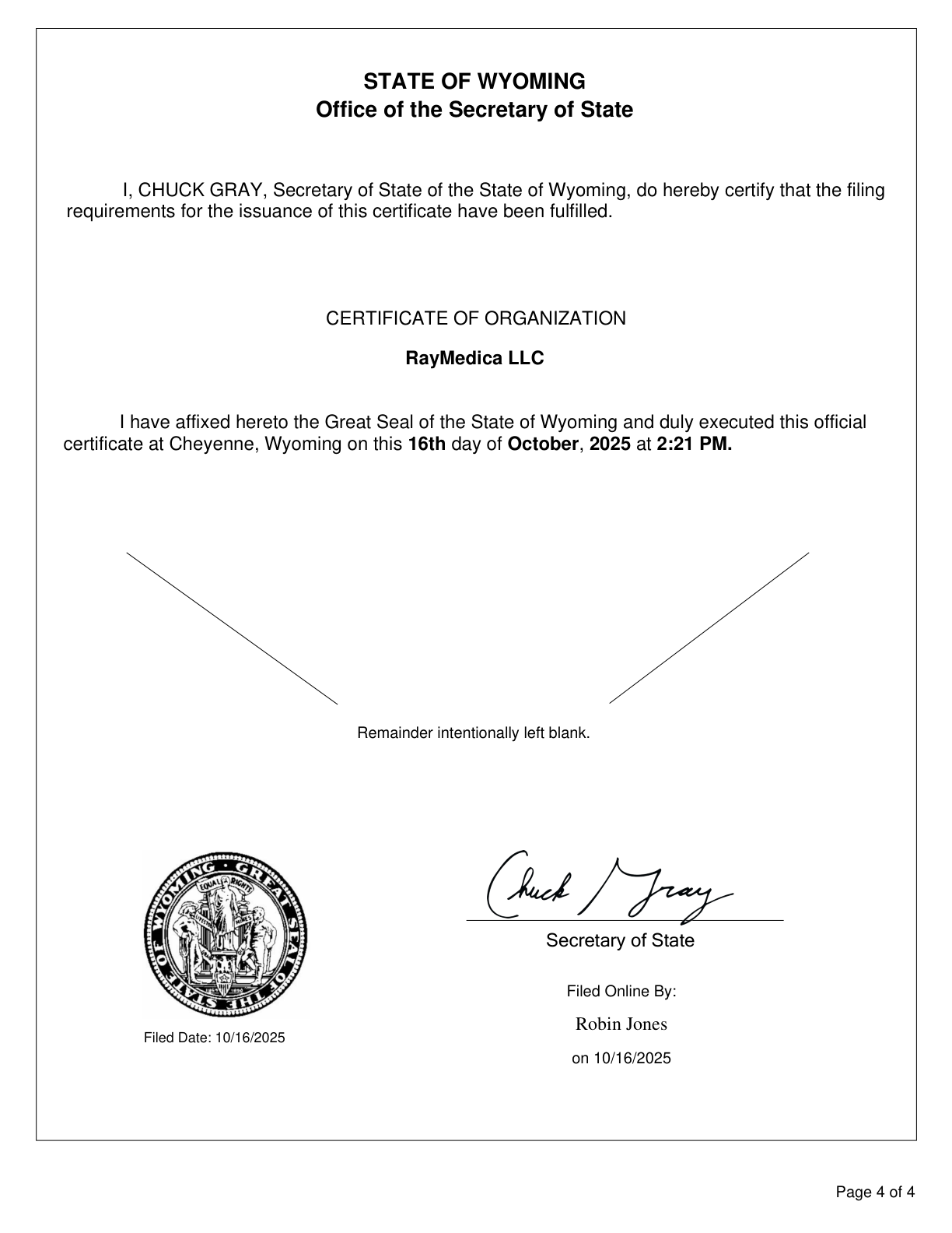 RayMedica LLC Certificate of Organization